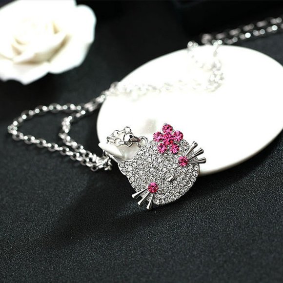 White Gold Plated Hello Kitty 25" Long Chain Necklace with Pink Cubic Zirconia - Picture 1 of 5